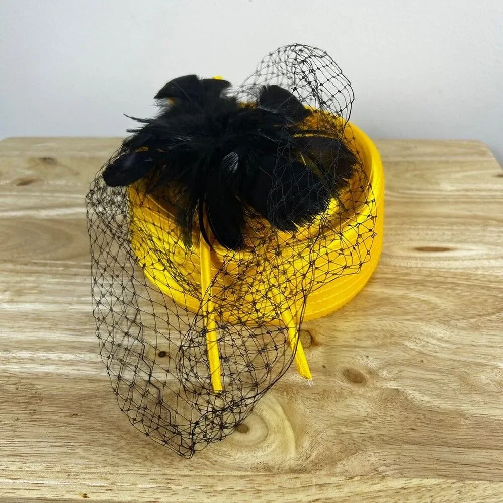 Especially Yours EY Signature Pillbox Hat Yellow Black Feather Veil Fascinator